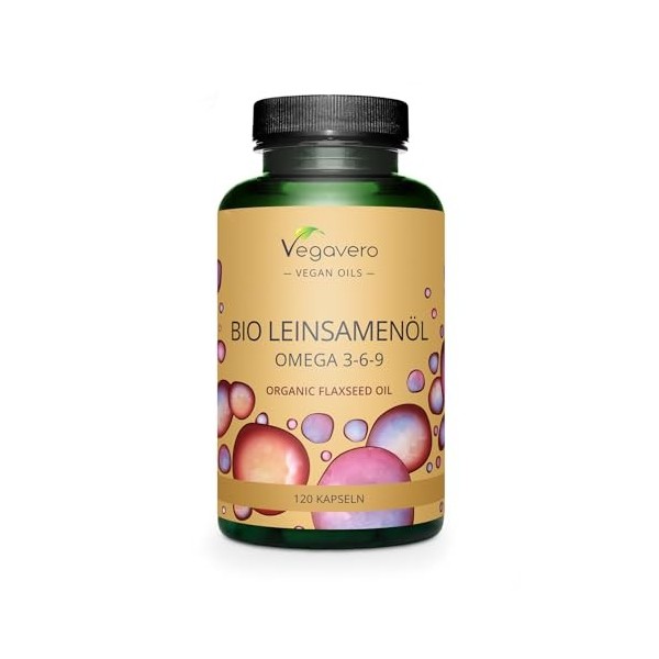 OMÉGA 3 6 9 BIO Vegavero® | VEGAN | 100% Naturel : Huile de Lin 1000 mg | Sans Additifs | 120 gélules GreenCaps