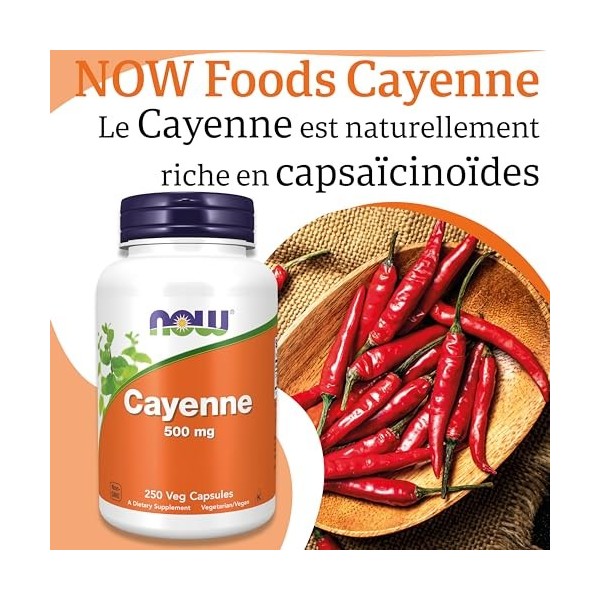 Now Foods, Cayenne, 500mg, 250 Capsules végétaliennes, Testé en Laboratoire, Végétal, Sans Gluten, Sans Soja, Végétarien