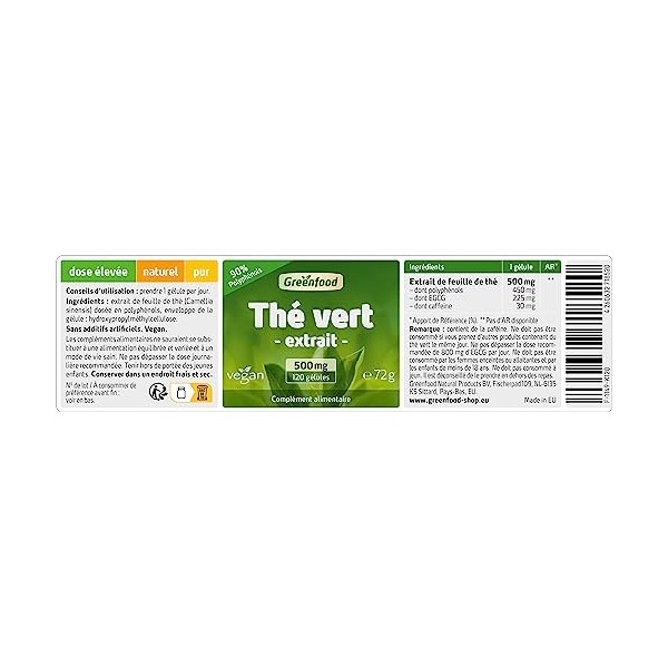 Greenfood Thé vert, 500 mg, extrait de feuille fortement dosé - 90% de polyphénols, pur, naturel, 120 gélules, végan. Sans ad