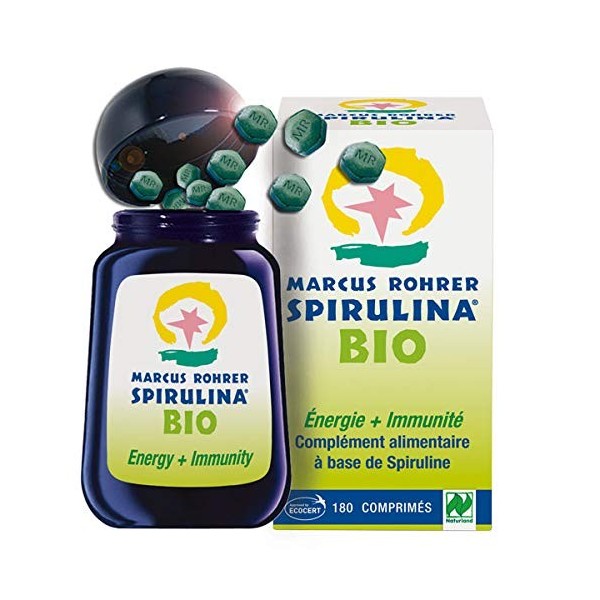 Marcus Rohrer Spirulina - Spiruline bio 100% Naturelle Flacon Verre de 180 Comprimes - Programme de 1 mois - Couleur Vert