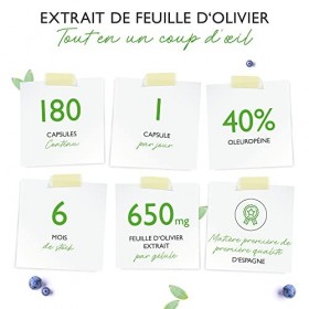 Extrait de feuilles dolivier - 180 gélules de 650 mg chacune - Extrait de feuilles dolivier avec 40% doleuropéine - 260 mg