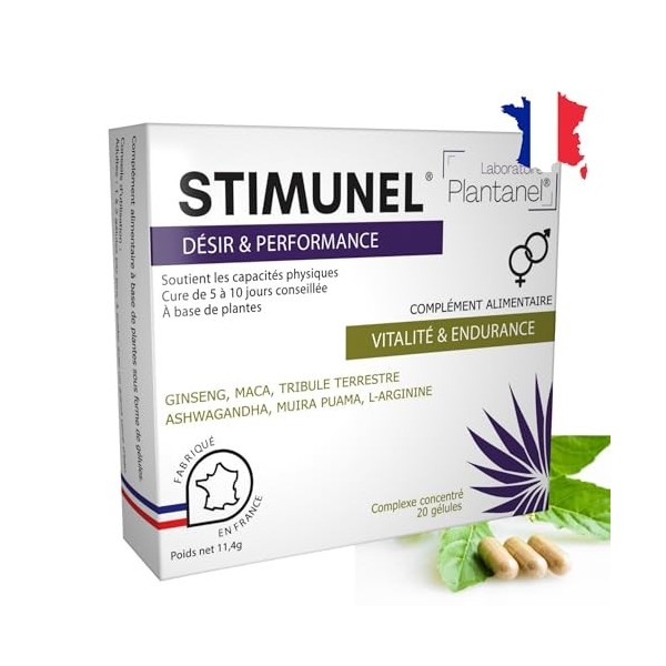Stimunel® Ginseng + Maca, ultra-concentré 3300mg , Tribulus, Ashwagandha, L-Arginine- Cure de 20 gélules- Certifié Français