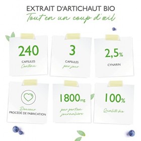 Extrait dartichaut bio - 240 gélules - 1800 mg par dose journalière 2,5% cynarine - Véritable extrait dartichaut 20:1 - Q