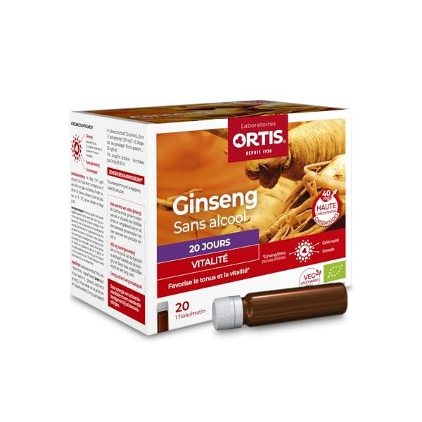 Ortis - Ginseng Bio 20 Fioles - Complément Alimentaire pour Retrouver la Vitalité et Tonifier lOrganisme - Energie Durable e