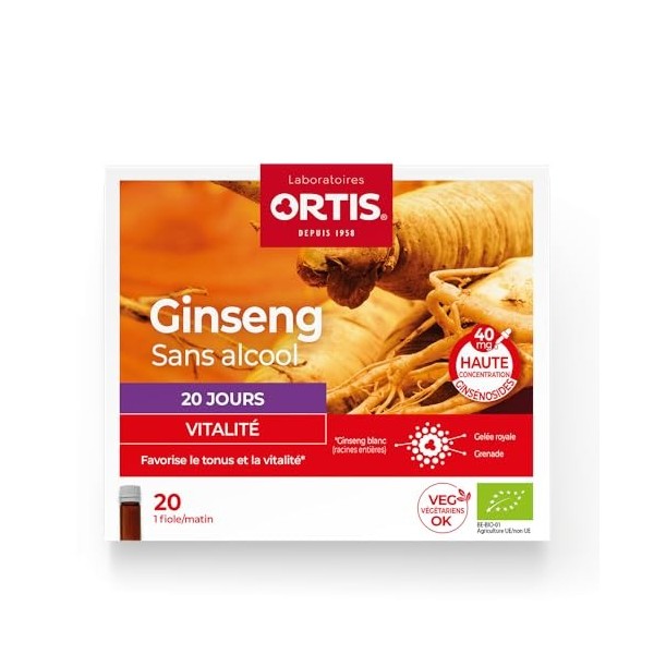 Ortis - Ginseng Bio 20 Fioles - Complément Alimentaire pour Retrouver la Vitalité et Tonifier lOrganisme - Energie Durable e