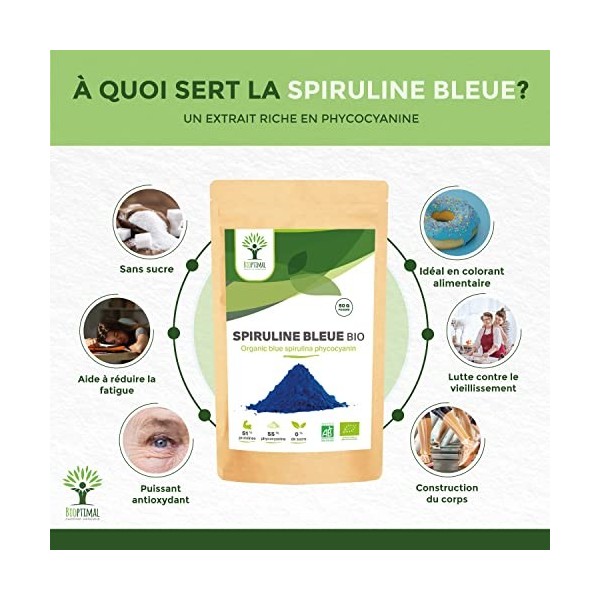 Spiruline Bleue Bio - Bioptimal - En Poudre - 55% Phycocyanine Blue 51% Protéines - Colorant Alimentaire Bleu Intense - Cuisi