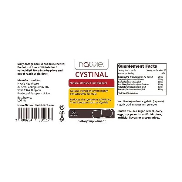 Cystinal | Support urinaire naturel | Ingrédients naturels avec formule hautement concentrée | Réduit les symptômes des infec