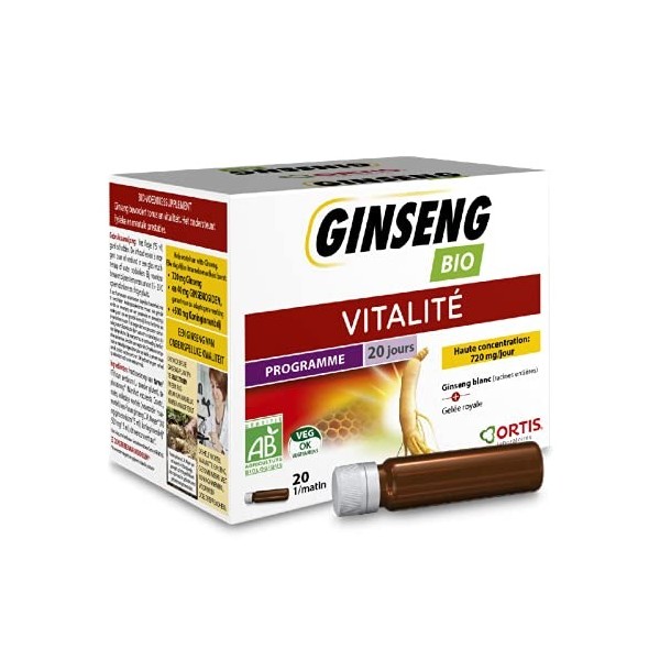 Ortis - Ginseng Bio 20 Fioles - Complément Alimentaire pour Retrouver la Vitalité et Tonifier lOrganisme - Energie Durable e