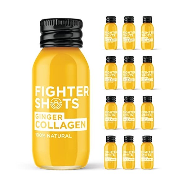 Fighter Shots Gingembre + Collagène Marin 12x60 ml | Peau et Cheveux en Meilleure Santé | 100% Naturel | Idéal pour Dynamis