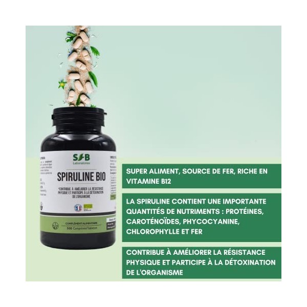 SFB Laboratoires - Spiruline Bio - Super Aliment - Renforce le Système Immunitaire - 500 comprimés