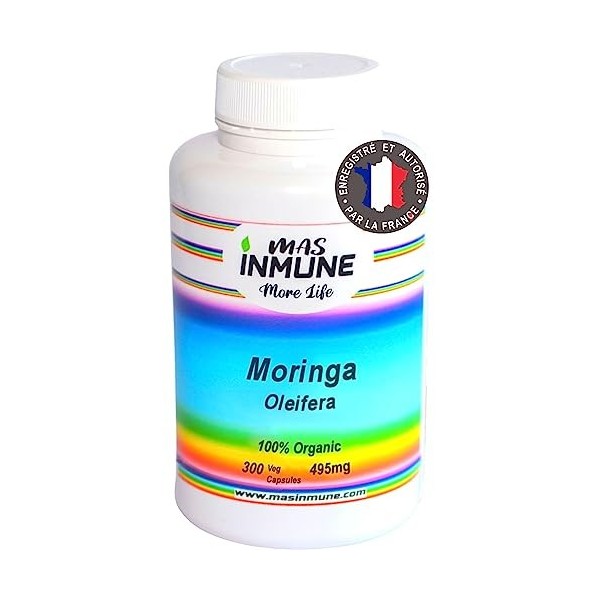 Moringa Oleifera Bio - 300 gélules - Haute dose 1485 mg - Superfood - Energie, protéines végétaliennes, vitamines, minéraux, 