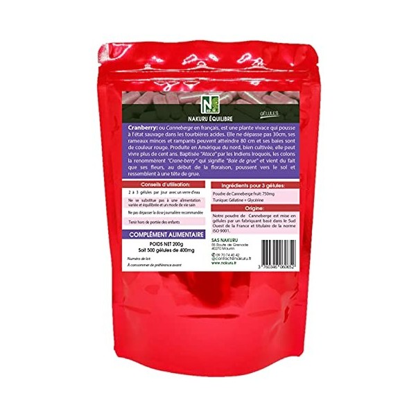 NAKURU | Cranberry | Gamme Équilibre | Fabriqué en France | "La Baie de la Grue !" | 500 Gélules de 400mg / Poids Net: 200g 