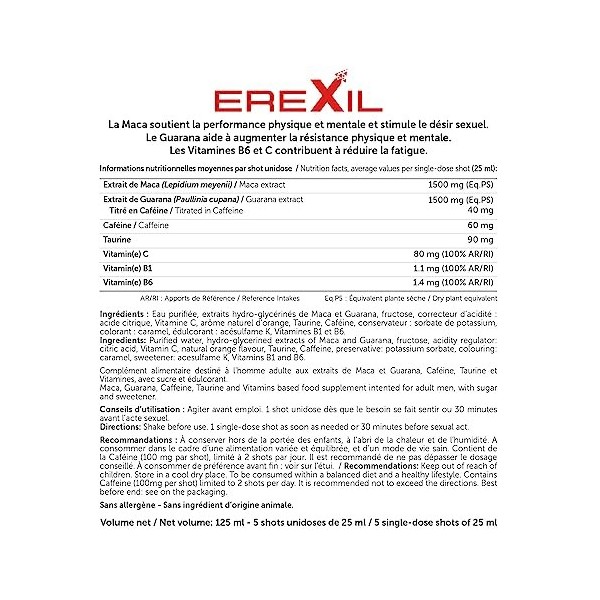 NUTRIEXPERT - Erexil - Aux extraits de plantes stimulantes - Améliore les performances et la résistance - 5 shots unidoses 25