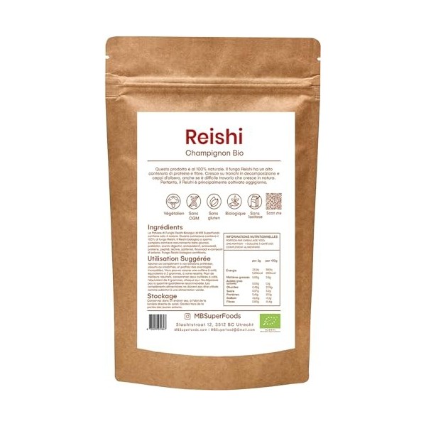 MB Superfoods Poudre de Reishi Pure - Supplément dextrait de champignon biologique - Non-OGM, Végétalien - Champignon Reishi