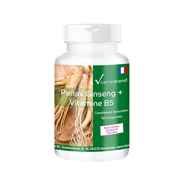 Panax Ginseng + Vitamine B5-600mg dextrait de Panax Ginseng rouge par comprimé - vegan - 180 Comprimés - fortement dosé | Vi