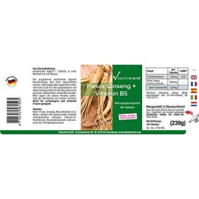 Panax Ginseng + Vitamine B5-600mg dextrait de Panax Ginseng rouge par comprimé - vegan - 180 Comprimés - fortement dosé | Vi