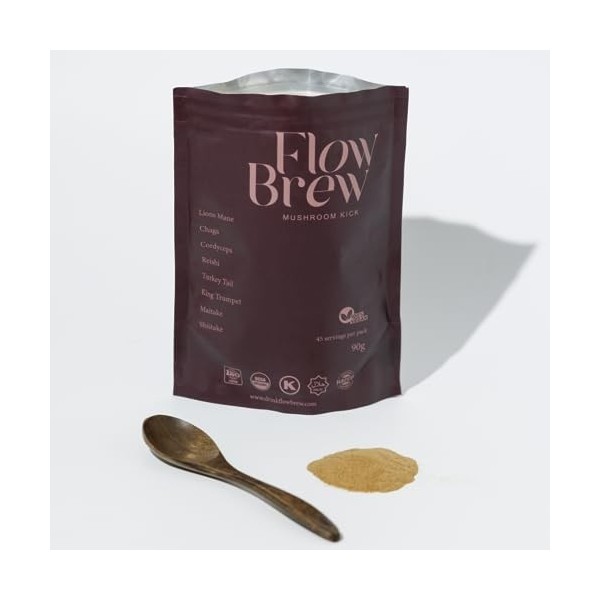 Flow Brew Mélange de poudre de champignon fonctionnel tout-en-un pour une meilleure concentration, énergie, sommeil et calme.