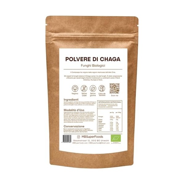 Poudre de Champignon Chaga MB Superfoods - Complément de Champignon Biologique avec Extrait de Chaga - Végétalien, Non-OGM - 