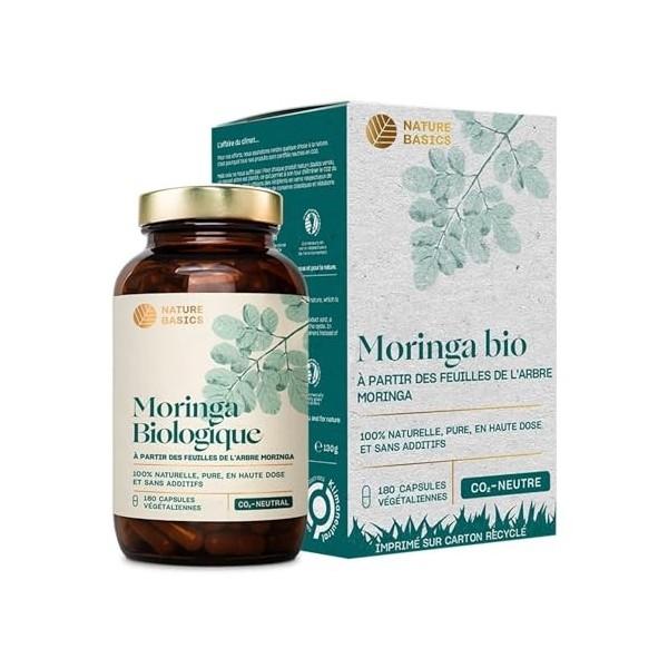 Nature Basics® BIO Moringa en bocal | 180 gélules hautement dosées & végétaliennes | 1500mg de pur Moringa Oleifera par dose 