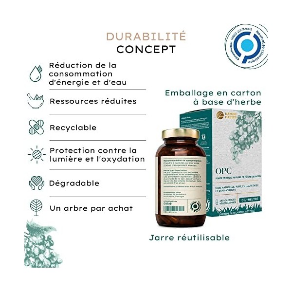 Nature Basics® Extrait naturel de pépins de raisin OPC certifié & durable en pot | 180 gélules végétaliennes & hautement dosé