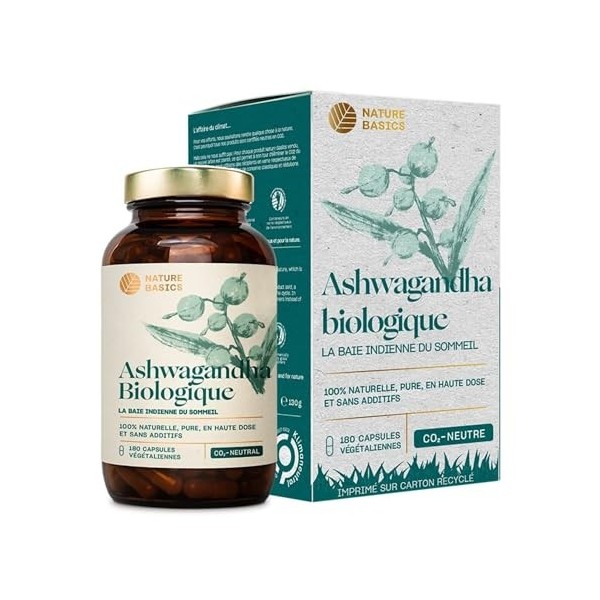 Nature Basics® Ashwagandha bio durable en pot | 180 gélules hautement dosées & pures | 600mg par gélule & 1.800mg par dose jo