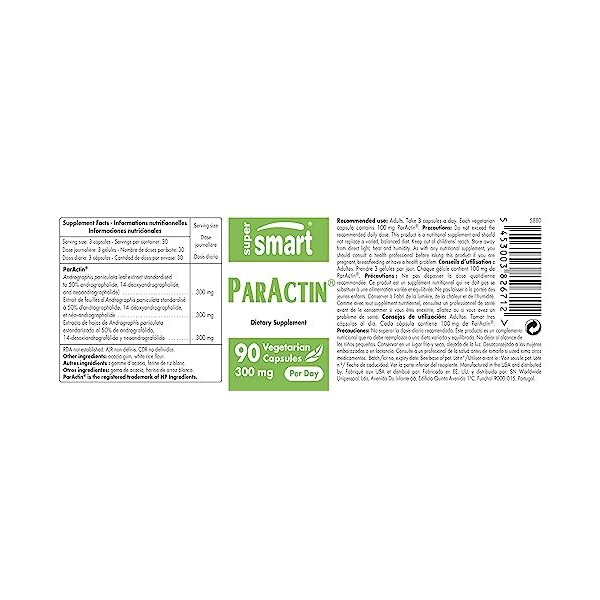 Supersmart - ParActin ® 300 mg Par Jour - Extrait Hydroalcoolique des Feuilles d’Andrographis Paniculata - Contribue à Renfor