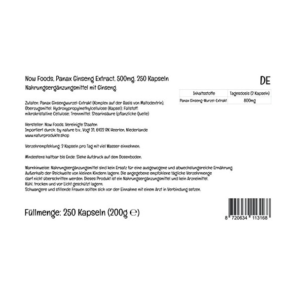 Now Foods, Panax Ginseng Extract, 500mg, 250 Capsules végétaliennes, Testé en Laboratoire, Sans Gluten, Sans Soja, Végétarien