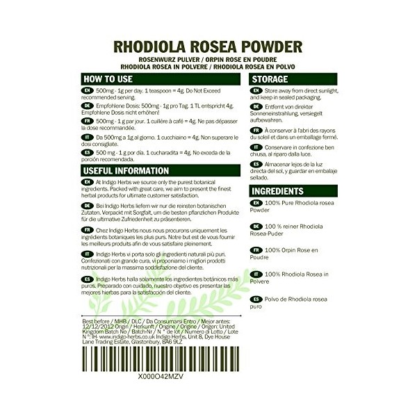 Indigo Herbs Rhodiola en poudre 250g 