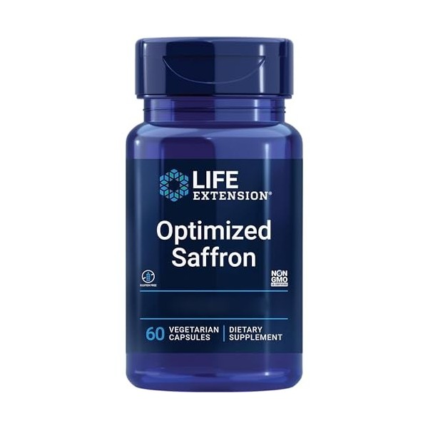 Life Extension, Optimized Saffron, Extrait de Safran, 60 Capsules végétaliennes, Testé en Laboratoire, Sans Gluten, Végétarie