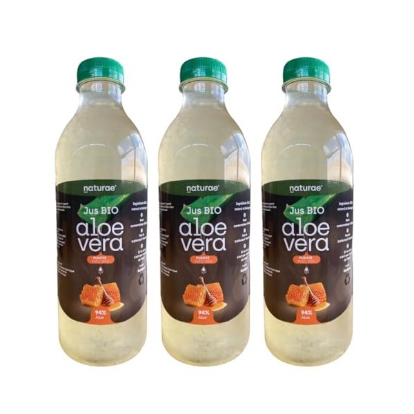 NATURAE Jus dAloe Vera BIO et Miel - 3 Unités de 1000 ml- Boisson Aloe Vera avec morceaux