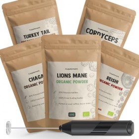 Cupplement Mélange de champignons Reishi, Chaga, crinière de Lions et Cordyceps | Bio | Mousseur & Scoops gratuits | Poudre d