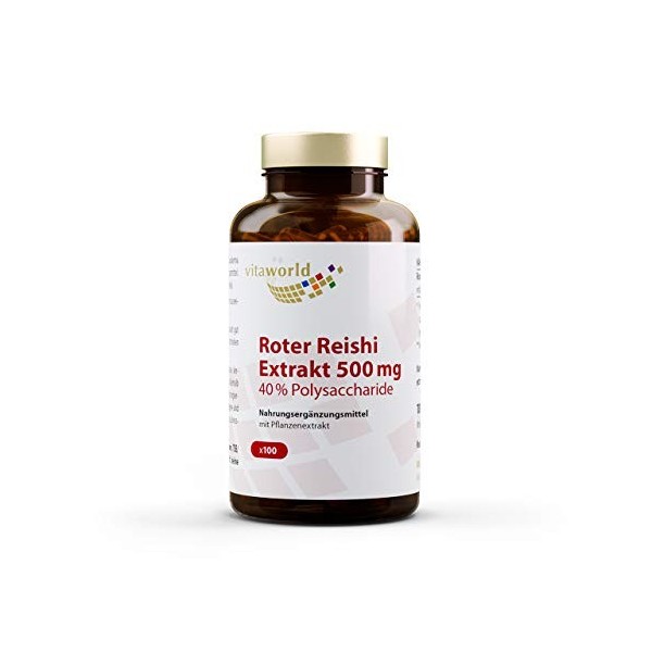 Vita World Pack de 3 Extrait Premium de Rouge Reishi 500mg 3 x 100 Capsules végétariennes 40% polysaccharides Made in Germany