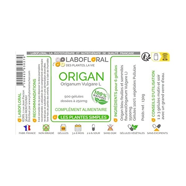 Origan Labofloral 500 gélules dosées à 250 mg - Complément alimentaire - digestion, respiration - Fabriqué en France