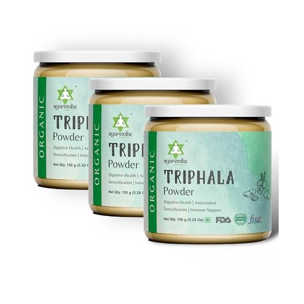 Ayurvedix Poudre de triphala – 150 g | Solution de soins digestifs tout-en-un | Complément alimentaire pour soulager la const