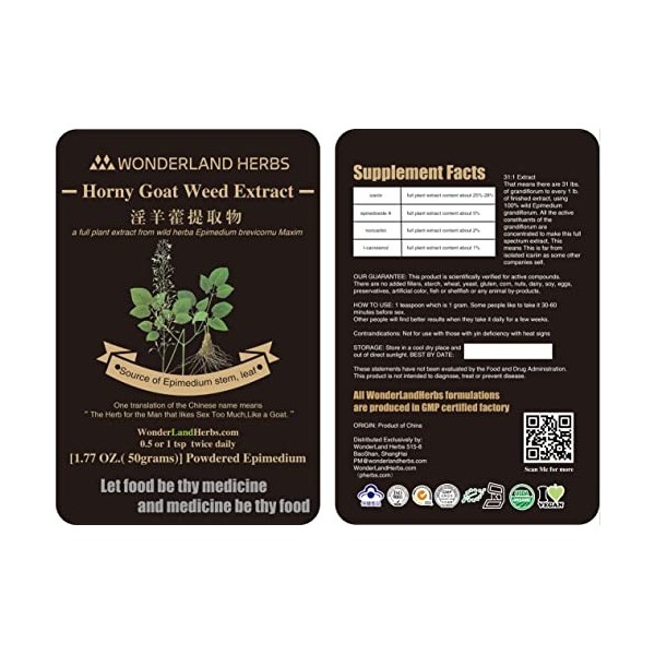 WonderLand Herbs Poudre dextrait dépimédium sauvage 50 g 50 g - Pureté 50 % dherbe dicariine