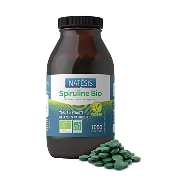 NATESIS - Spiruline Bio - Sport, Contrôle du poids, énergie, immunité - Haute Concentration en Protéines Végétales - 1000 com
