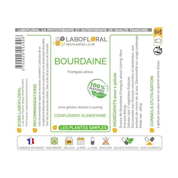 Bourdaine Labofloral 1000 gélules dosées à 250 mg - Complément alimentaire - Laxatif naturel, constipation - Fabriqué en fran