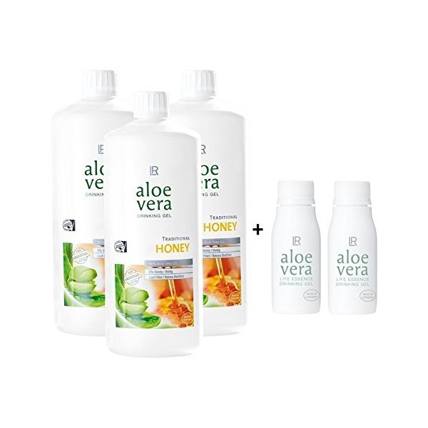 LR Lot de 3 flacons de gel à laloe vera Miel/miel 1000 ml + 2 bouteilles rotatives à laloe vera vides pour les déplacements