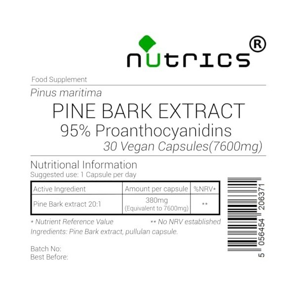 Nutrics® 7600 mg dextrait décorce de pin 95 % de proanthocyanidines 20:1 Strong V Capsules – Poudre 20 fois plus forte – Co