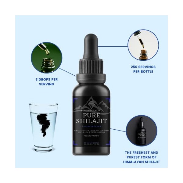 Black Diamond Gouttes liquides Shilajit de lHimalaya Haute résistance et pureté, authentique et acide fulvique pur et nature