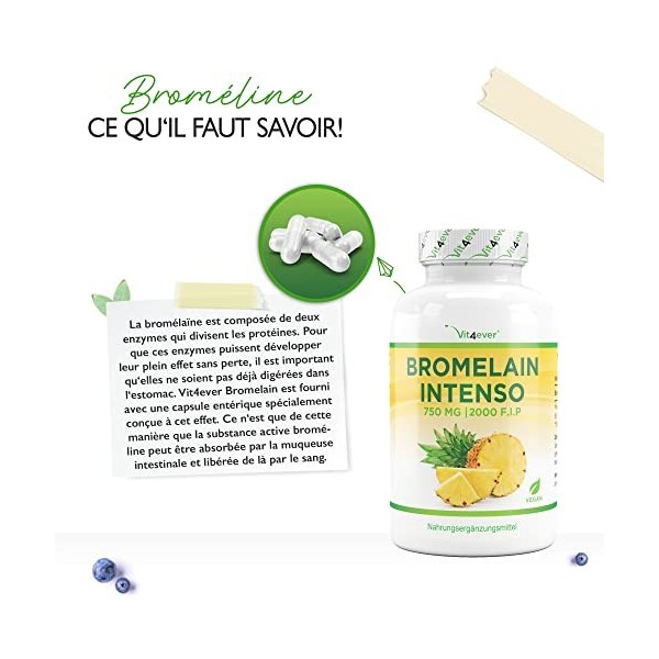 Bromélaïne Intenso - 750 mg 2000 F.I.P - 120 gélules gastro-résistantes - Extrait naturel dananas - Testé en laboratoire -