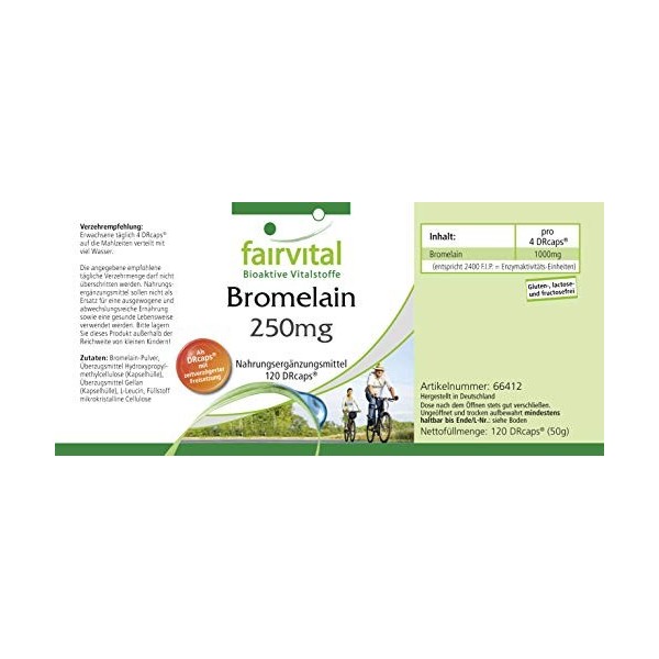 Fairvital | Bromélaïne 250mg VEGAN - Fortement dosé - 1000mg par dose journalière - 120 DRCaps® - 600 FIP - enzyme dananas