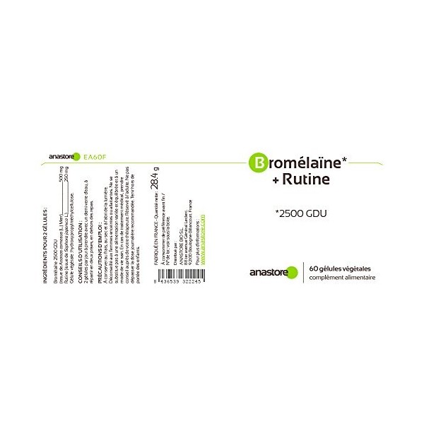 BROMÉLAÏNE + RUTINE * 375 mg / 60 gélules * Anti-inflammatoire, Antioxydants * Garantie Satisfait ou Rembours * Fabriqué en F