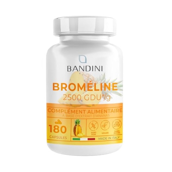 Bandini® Bromélaïne Drainante Naturelle Forte, 180 Capsules Dose Journalière 500 mg - Extrait dAnanas - Drainant Cellulite