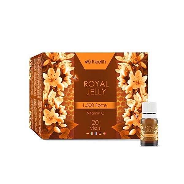 Verihealth Forte - Gelée Royale Lyophilisée avec Vitamine C - 20 Flacons - Améliore les Performances Physiques et Mentales - 