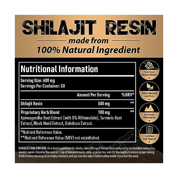 Résine de Shilajit Norme Gold - Shilajit de lHimalaya 600 mg mélangé avec des extraits dherbes ayurvédiques, Taux élevés d