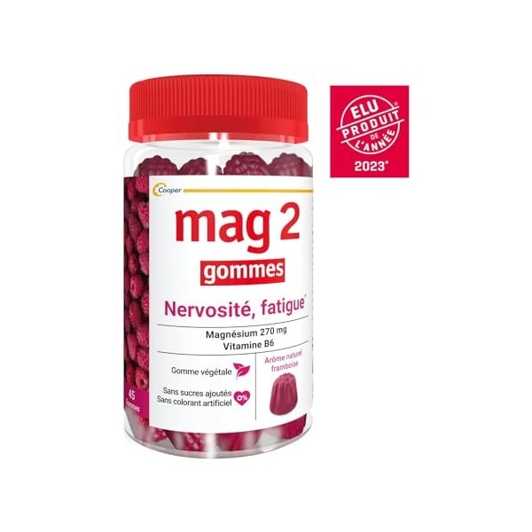 MAG2 Gommes framboise - Anti-nervosité et anti-fatigue - Sans sucres ajoutés - Complément alimentaire à base de magnésium et 