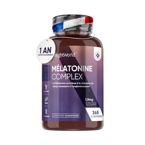 Mélatonine 1,9 mg - 365 Comprimés Vegan Pour 1 An - Magnésium, Vitamine B6, Passiflore et Camomille - Complément Alimentair