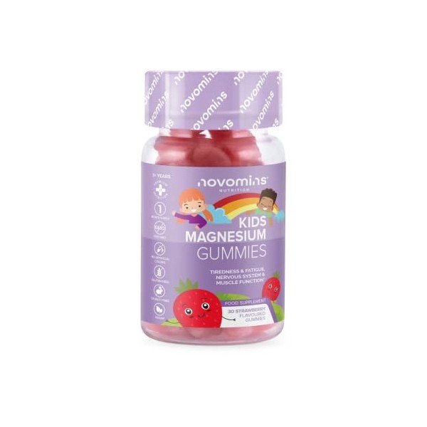 Novomins Gummies au Magnésium Enfants – Végétaliens – 1 Mois dApprovisionnement – Suppléments de Magnésium 30 Vitamines à Mâ