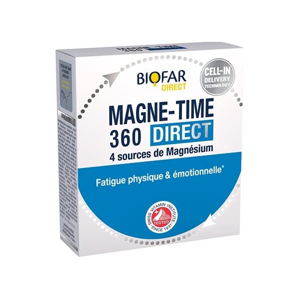 BIOFAR - MAGNE-TIME 360 DIRECT - Complément Alimentaire - Haut Dosage En Magnésium 360Mg - 14 Sticks Orodispersibles - Fatigu